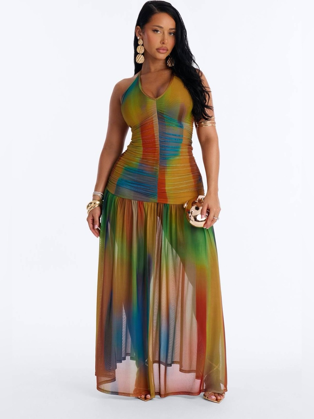 Fashion Nova Multicolor Sheer Halter Maxi Dress - Green Blue Orange Yellow